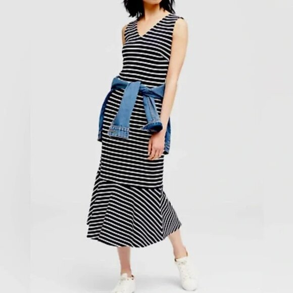Banana Republic Navy & White Stripe Ponte Flounce Midi Dress Sz4 Nautical Preppy - Picture 1 of 13